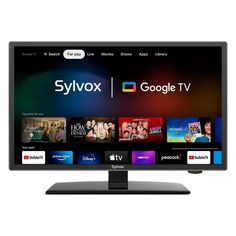 the syvox smart tv is shown with google and apple logos on it's screen