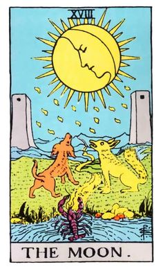 the moon tarot card with cats and dogs in front of a sun over water