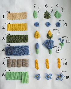 crochet flowers and leaves are arranged on a table top with numbers to 10