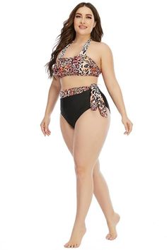 Leopard Two-Piece Plus size Bikini Swimsuit, Tailored Leopard Padded Push-Up Bra Helter Crop Top & A Tummy Control High Waist Bottom With A Leopard Print Belt Detail Bikini Bathing Suit Beach Outwear Take a dip in this black on Leopard Print designed two-piece swimsuit styled perfectly for curves & go up to size 4XL. Styled with a halter crop top, wired padded bra, and brown leopard top and bottom Patchwork detail. Simple yet stylish, this versatile plus-size swimsuit is the perfect choice for t Stretch Leopard Print Swimwear For Pool, Leopard Print Stretch Swimwear For Pool, One-piece Leopard Print Beachwear Swimwear, Leopard Print One-piece Swimwear For Beach, Leopard Print One-piece Beachwear Swimwear, Stretch Leopard Print One-piece Swimwear, Leopard Print Swimwear For Beach Season, Leopard Print Sleeveless Swimwear For Pool, Leopard Print Tankini For Beach Season Swimming