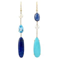 These beautiful linear drop earring are handcrafted in 18-karat gold. It is set with 12.45 carats Lapis, 8.75 carats turquoise, 5.08 carats Kyanite and .22 carats of glimmering diamonds. FOLLOW MEGHNA JEWELS storefront to view the latest collection & exclusive pieces. Meghna Jewels is proudly rated as a Top Seller on 1stDibs with 5 star customer reviews. All items manufactured by us are handmade and can be customized or redesigned. Instock Composition Size-81X11 MM Total Weight-13.038 Gold Weigh Rose Gold Jewelry, Drop Earring, Jewelry Inspo, Turquoise Earrings, Women Accessories Jewelry, Pearl Jewelry, Jewelry Inspiration, 5 Star, Diamond Jewelry