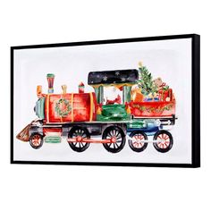 a watercolor painting of a train with christmas decorations on the front and back wheels