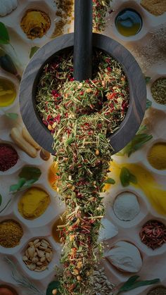 various spices and seasonings in bowls on a table