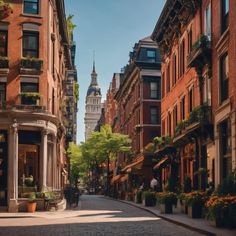 an empty city street lined with tall brick buildings and flower boxes on the side walk