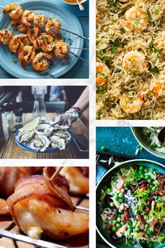 four pictures with different types of food on them including shrimp, rice and vegetables in pans