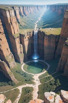 a large waterfall in the middle of a canyon