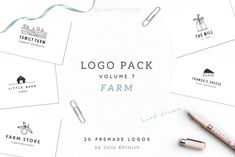 the logo pack volume 7 farm is displayed next to some pens and paper clippings