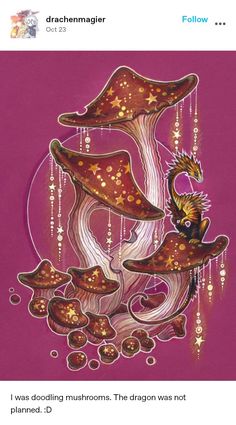 a painting of mushrooms and stars on a purple background