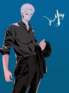 an anime character with white hair and black pants standing in front of a blue background