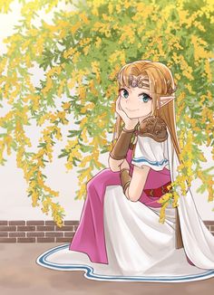 an anime character sitting under a tree with yellow flowers on it's branches and wearing a white dress