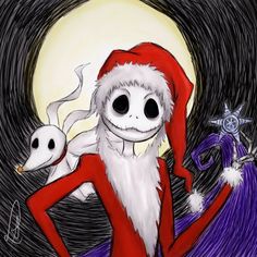 a drawing of a skeleton dressed as santa clause holding a ghost in front of a full moon