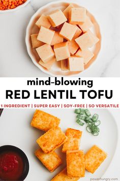 red lentil tofu on a white plate next to other foods and dipping sauces