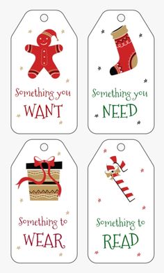 four christmas gift tags with the words something you want, something to read and something to do