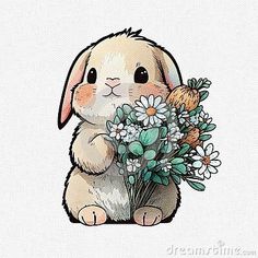 a drawing of a bunny with flowers in it's lap