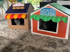 there are two cardboard houses with cats in them