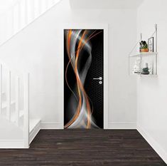 an open door in a white room with black and orange swirls