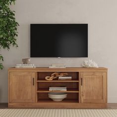 a flat screen tv mounted to the side of a wooden entertainment center next to a potted plant