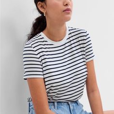 White And Navy Blue Striped T Shirt, Never Worn. Condition Like New. White Relaxed Fit T-shirt By Gap, Trendy Everyday Gap Tops, Striped Cotton Gap Tops, Gap Striped Cotton Tops, Casual Striped Gap Tops, White Cotton Gap T-shirt, White Cotton Gap Top, Casual Striped Tops From Gap, Casual Striped Tops By Gap