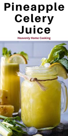 two mason jars filled with pineapple celery juice and garnished with fresh herbs