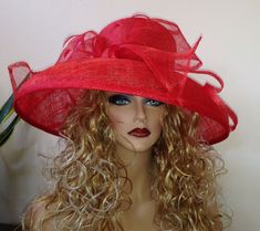 Made to order - Ladies couture sinamay wide-brimmed hat. A handmade sinamay bow , red feathers and sisal crown accents the design. Elegantly styled, this hat is suitable for tea luncheons, weddings and other events. Perfect for the races! Please ask me about the availability of colors prior to order! This design was handmade and hand-blocked using a triple layer of red sinamay fabric. This hat makes a great statement at any event. Looks absolutely lovely! All my hats are done in 3 - 4 layers of Red Couture, Ivory Hat, Sinamay Fabric, Formal Hat, Birthday Things, Pink Hats, Royal Ascot Hats, Red Hots, Day At The Races