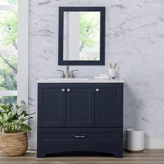 a bathroom vanity with a mirror above it next to a potted plant on the floor