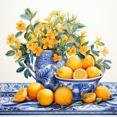 a painting of oranges and yellow flowers in a blue vase