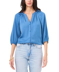 out of stock Cheap Chambray Button-up Tops, Blue Tencel Button-up Top, Blue Stretch Top With 3/4 Sleeves, Blue 3/4 Sleeve Blouse With Button Closure, Blue Rayon V-neck Top, Button Front Top, Vince Camuto, Vintage Tops, Raglan Sleeve