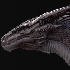 a close up of a dragon's head on a black background with its wings spread out