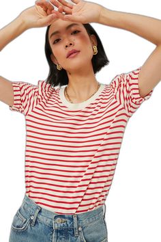 Red Striped Vesty Puff Short Sleeve Crewneck Cool Numbers, Knot Tie, Tie Knots, Puffed Sleeves, Puff Sleeve, Knot, Loose Fitting, Crew Neck, Wardrobe