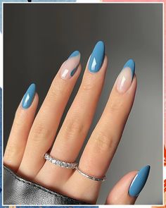 JUSTOTRY 24 Pcs Short Press on Nails,Glossy Almond Fake Nails with Design,Full Cover Acrylic False Nails,French Blue Nail Tip Smink Inspiration, Classy Acrylic Nails, Makijaż Smokey Eye, Acrylic Nails Coffin Short, Fire Nails, Funky Nails, Pretty Acrylic Nails, Short Acrylic Nails, Nail Arts