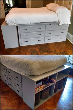 two pictures of a bed with drawers underneath it