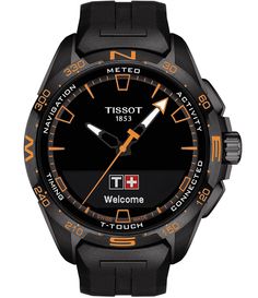 From Tissot&#x2C; the T-Touch Connect watch features:Tissot T-Touch Connect SolarRubber strap standard buckle closureTactile collection round antimagnetic titanium case with black PVD coatingTactile scratch-resistant sapphire crystal dialConnected quartz solar tactile movement47.50mm dialWater resistant up to 100mSwiss Made.Tissot uses the greenest of energy sources to power its iconic T-Touch collection: Expert Solar and Connect Solar. Tiny sola Tissot T Touch, Solar Watch, Tissot Watches, Altimeter, Titanium Watches, Swiss Made Watches, Rubber Watches, Daylight Savings Time, Barometer