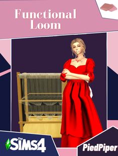 a woman in a red dress standing next to a bird cage with the words functional loom on it