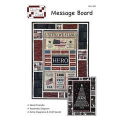 an american flag quilt pattern with the words, message board and stars on it's side