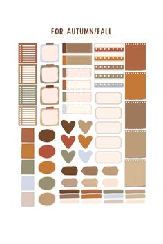 the autumn / fall sticker sheet is shown with hearts, stripes and other shapes