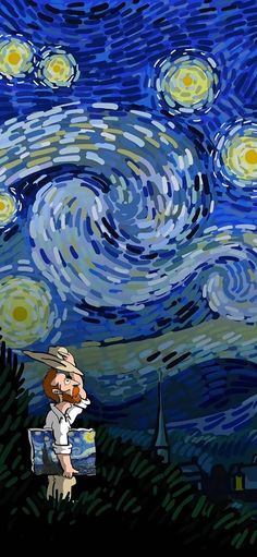 a painting of a man looking at the starry night