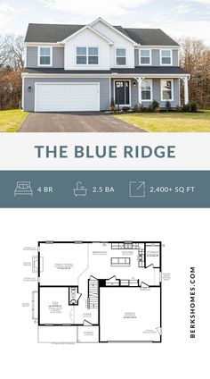 the blue ridge floor plan is shown in two different colors and features an attached garage