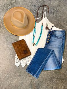 This is the perfect spring and summer outfit! What's not to love about a cute white tank with skinny jeans, a hat, and the perfect accessories. Rodeo Outfits, White Tank, Spring Summer Outfits, Summer Outfit, Spring Outfit, Western Fashion, Rodeo, Summer Outfits, Spring Summer