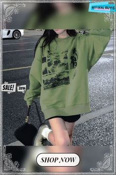 Korean Style Print Green Hoodie Women Oversize Sweatshirt Female Harajuku Fashion Long Sleeve Pullover O-neck Tracksuit Oversized Harajuku Sweatshirt For Fall, Oversized Long Sleeve Harajuku Tops, Oversized Harajuku Sweatshirt For Winter, Oversized Harajuku Style Winter Sweatshirt, Harajuku Style Long Sleeve Spring Sweatshirt, Oversized Long Sleeve Graphic Sweater, Oversized Harajuku Sweatshirt With Letter Print, Oversized Harajuku Sweatshirt For Spring, Oversized Harajuku Cotton Sweater