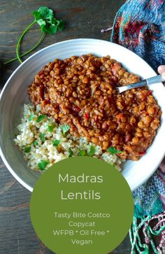 a white bowl filled with rice and beans next to a green label that reads madras lentils tasty blue costco copy