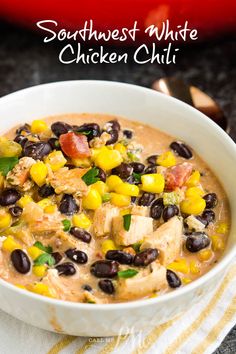 southwest white chicken chili in a bowl with corn and black beans