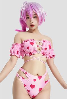 The unique heart-shaped silver ring embellishes the chest. Matching with bright pink makes you look even more lovely. Cute Frilly Swimsuit, Pink Two Piece Swimsuit, Kawaii Swimsuit Bikinis, Alternative Swimsuit, Anime Swimsuits Outfit, Swimming Suits Aesthetic, Kawaii Bathing Suit, Strawberry Bathing Suit, Cute Bathing Suits Bikinis