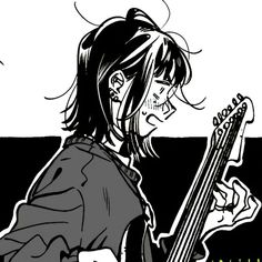 a drawing of a woman holding a guitar in her hand and looking at the ground