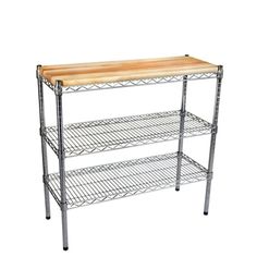 a metal shelf with two shelves and a wooden top