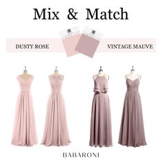 four different bridesmaid dresses with the words mix and match on top of them