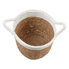 a white and brown basket with rope handles