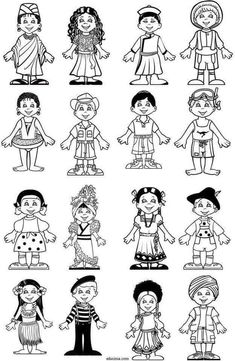 the different types of children's clothes in black and white, with their names on them