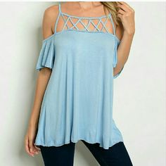 Lattice Cold Shoulder Tee, Baby Blue. This Tee Is So Soft And Comfy!! The Tee Features A Lattice Cold Shoulder Design With A Relaxed Fit. Soft Jersey Made From 96%Cotton And 4% Spandex. Made Proudly In The Usa!! Chic Blue T-shirt For Summer, Blue Short Sleeve Summer Tops, Stretch Light Blue Beach Top, Light Blue Stretch Tops For Beach, Light Blue Stretch Top For Beach, Stretch Light Blue Top For The Beach, Light Blue Stretch Top For The Beach, Chic Light Wash Tops For Beach, Chic Light Wash Tops For The Beach