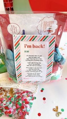 i'm back gift bag filled with candy and confetti