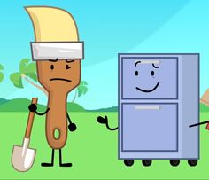 a cartoon character holding a shovel next to a refrigerator